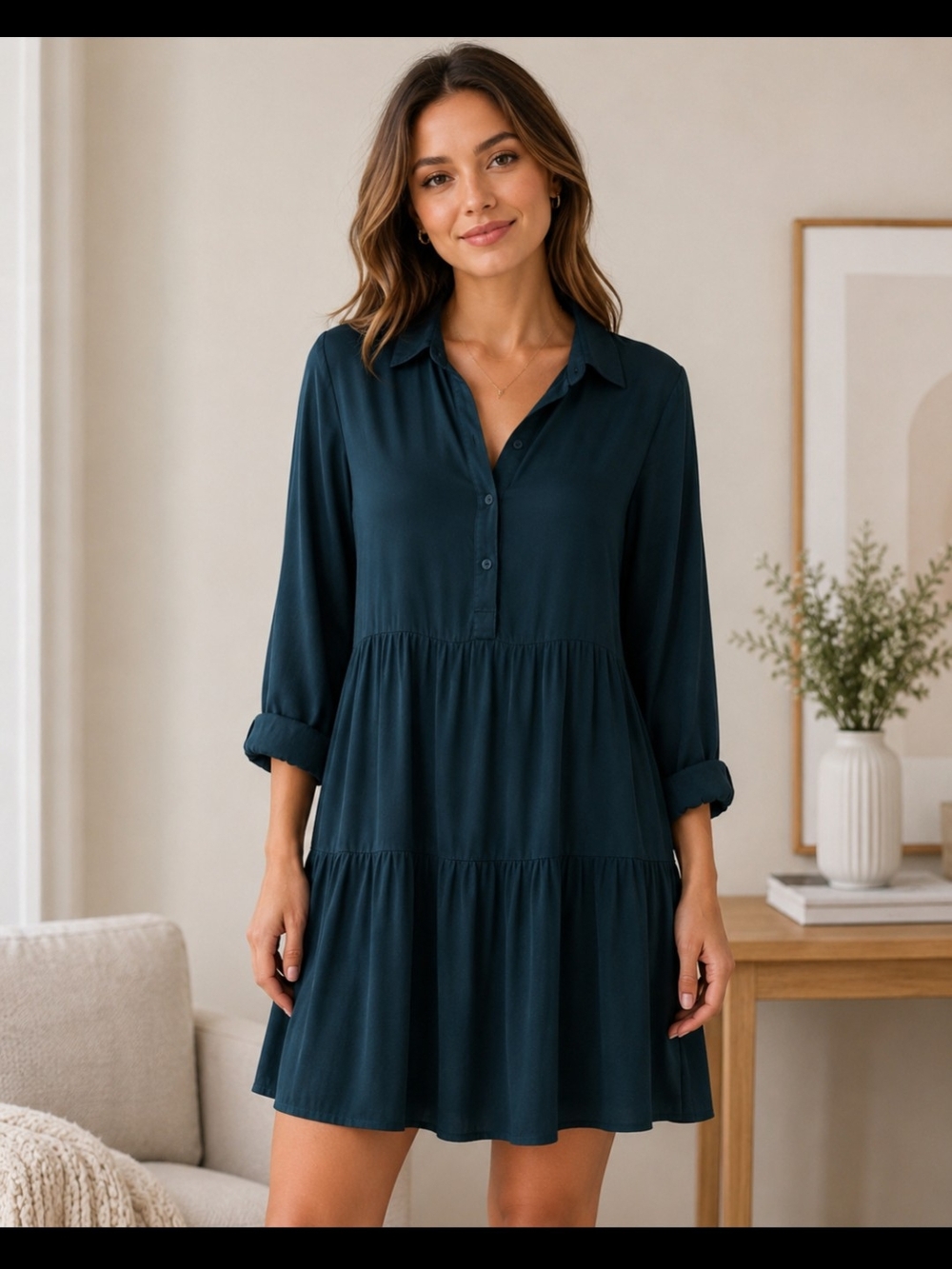 Women's Dark Teal Tiered Shirt Dress